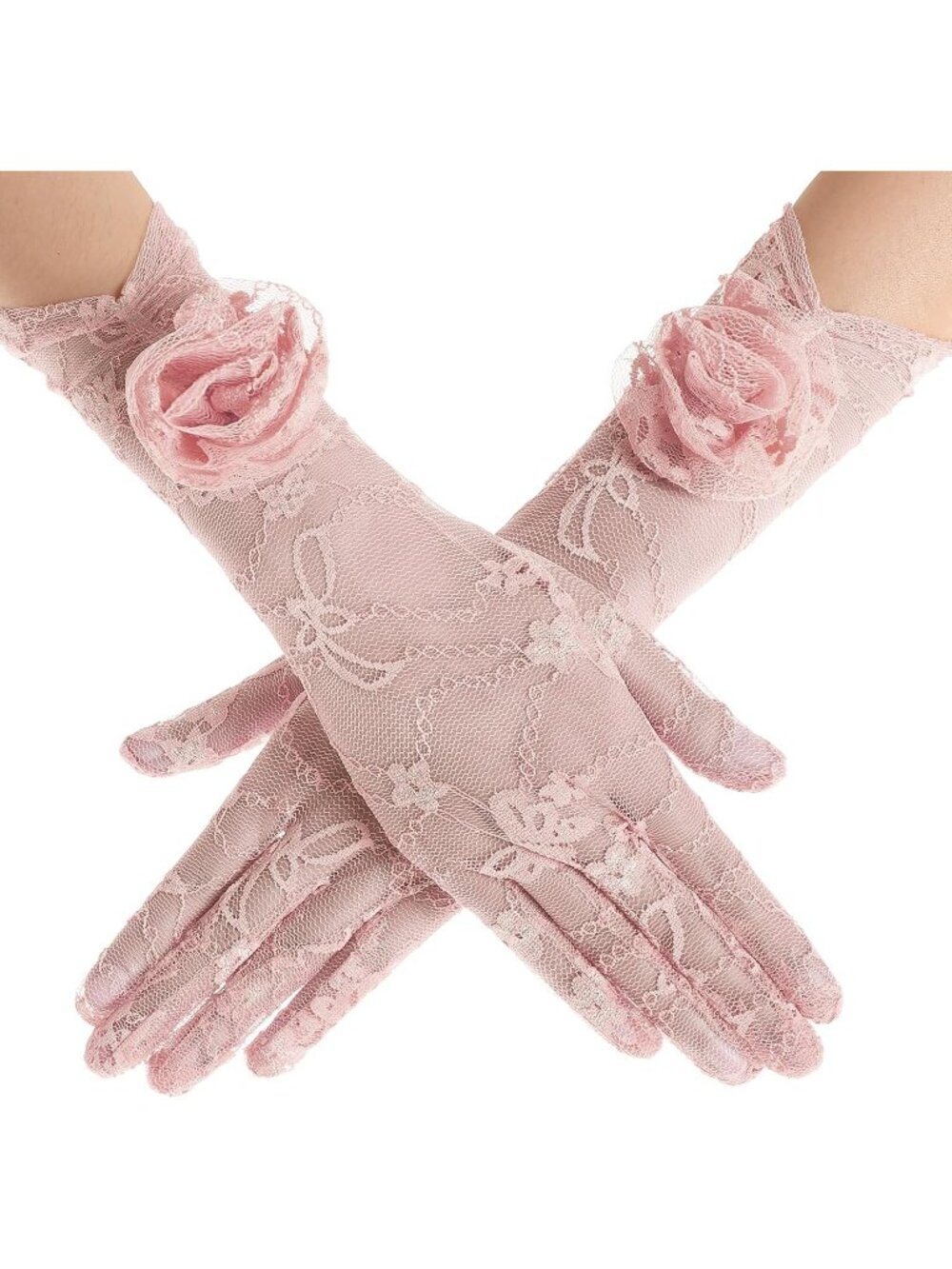 Women Pink Lace Floral Tea Wedding Bridal Party Opera Costum Glove with 3D Rose
